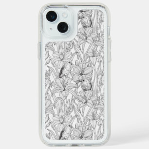 Robins and lilly flowers, black and white iPhone 15 plus case