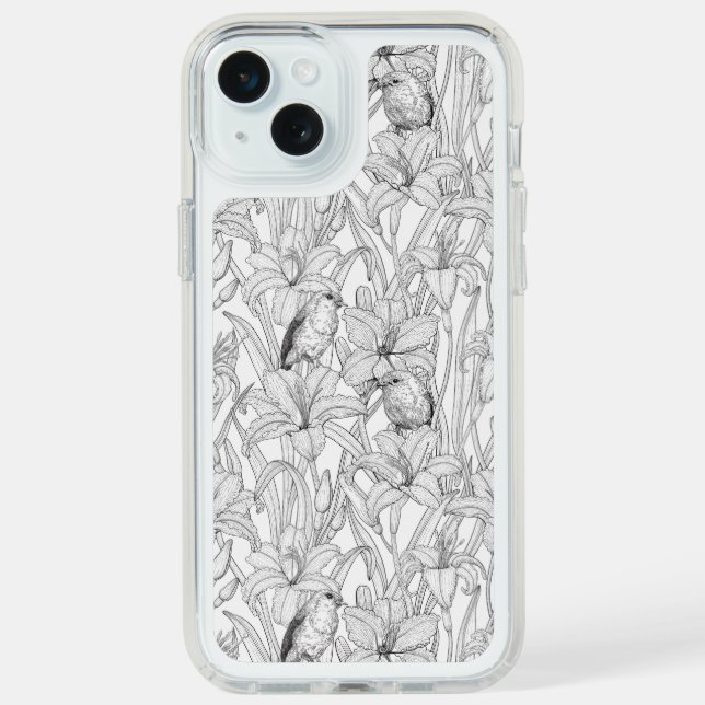 Robins and lilly flowers, black and white speck iPhone case (Front (White))