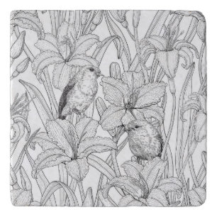 Robins and lilly flowers, black and white trivet