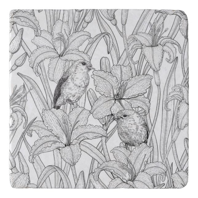 Robins and lilly flowers, black and white trivet (Front)