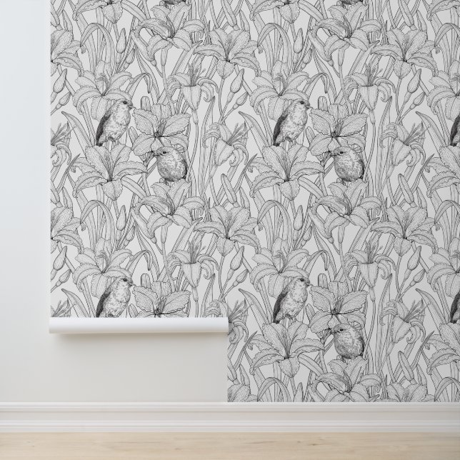 Robins and lilly flowers, black and white wallpaper  (Application)