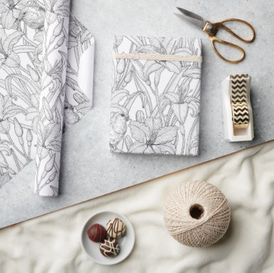 Robins and lilly flowers, black and white wrapping paper