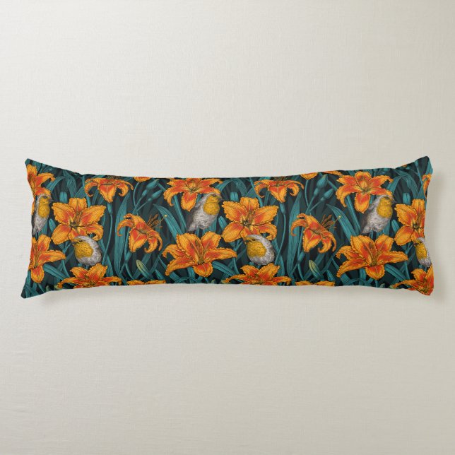 Robins and lilly flowers, orange and blue body pillow (Front)