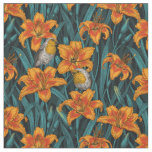 Robins and lilly flowers, orange and blue fabric