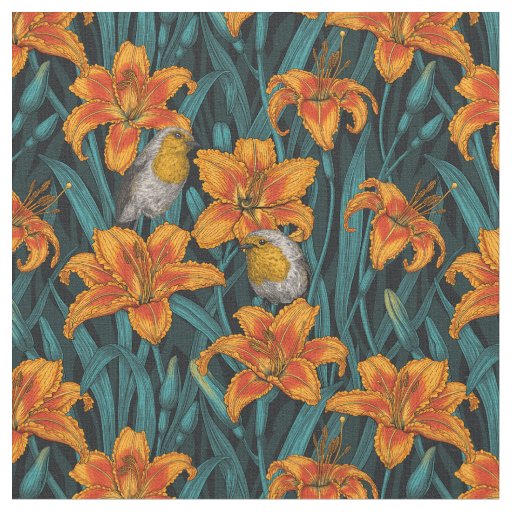 Robins and lilly flowers, orange and blue fabric
