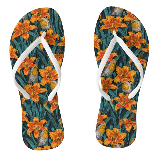 Robins and lilly flowers, orange and blue flip flops (Footbed)