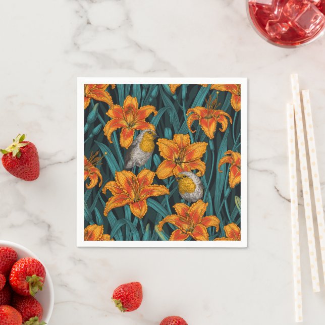 Robins and lilly flowers, orange and blue napkins (Insitu)