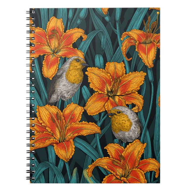 Robins and lilly flowers, orange and blue notebook (Front)