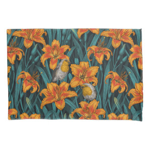 Robins and lilly flowers, orange and blue pillow case