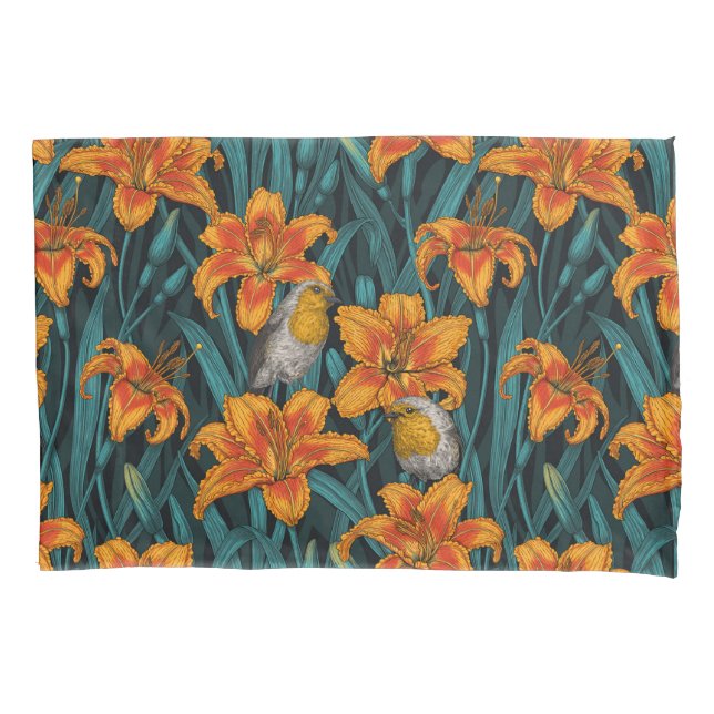 Robins and lilly flowers, orange and blue pillow case (Front-Left)