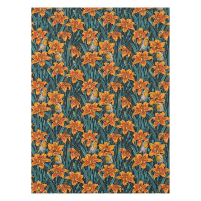 Robins and lilly flowers, orange and blue tablecloth (Front)