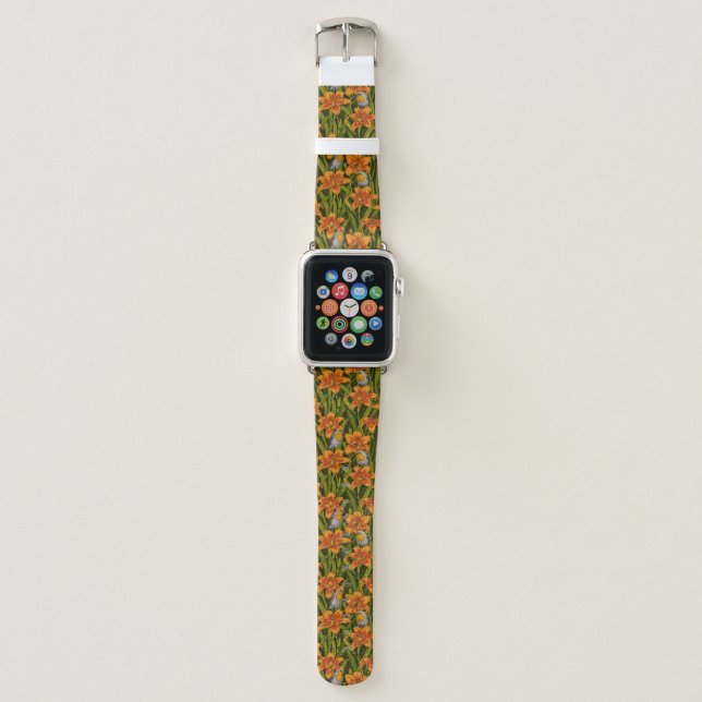 Robins and lilly flowers, orange and dark green apple watch band (Front)