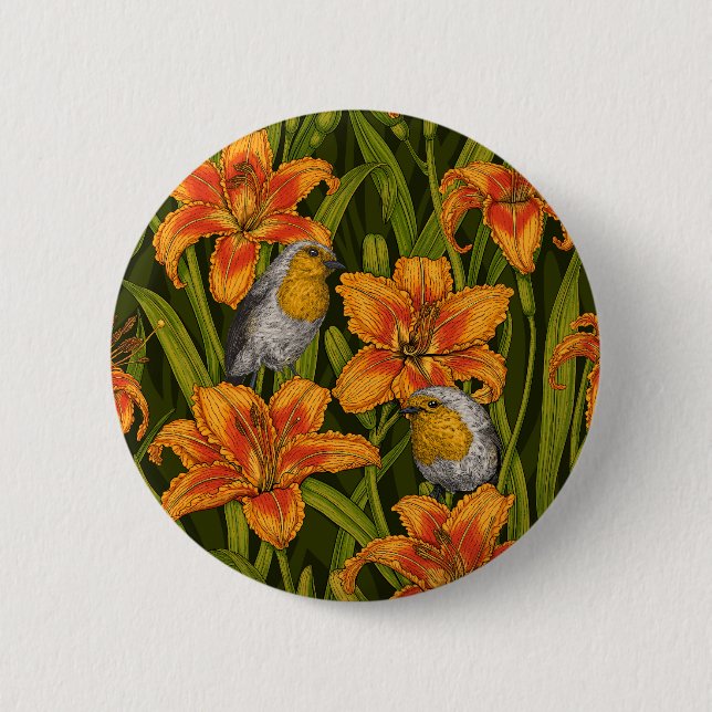 Robins and lilly flowers, orange and dark green button (Front)