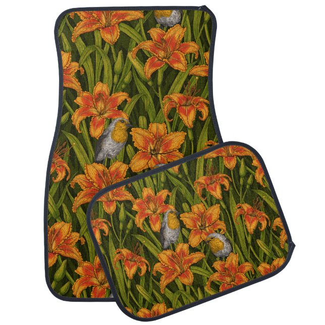 Robins and lilly flowers, orange and dark green car floor mat (Set)