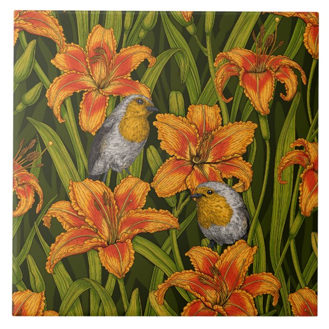 Robins and lilly flowers, orange and dark green ceramic tile (Front)