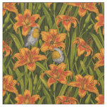 Robins and lilly flowers, orange and dark green fabric