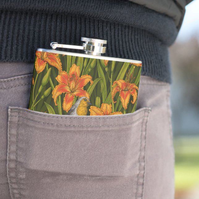 Robins and lilly flowers, orange and dark green flask (In Situ)