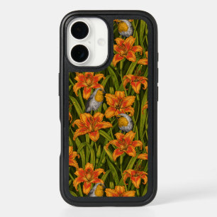 Robins and lilly flowers, orange and dark green iPhone 16 case