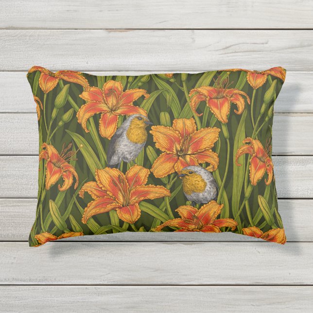 Robins and lilly flowers, orange and dark green outdoor pillow (Front)