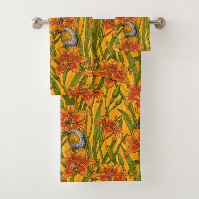 Robins and lilly flowers, orange and green bath towel set (Insitu)