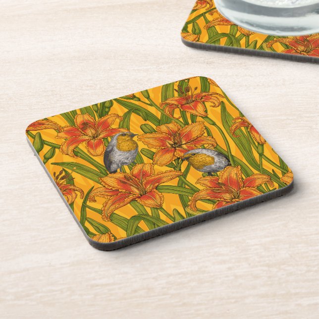 Robins and lilly flowers, orange and green beverage coaster (Left Side)