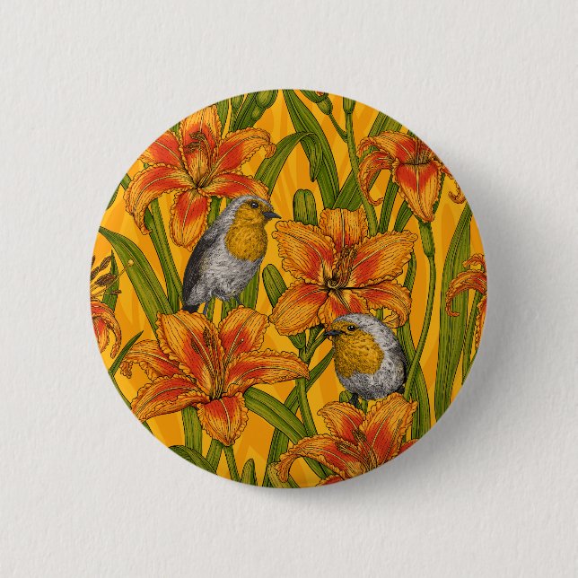 Robins and lilly flowers, orange and green button (Front)