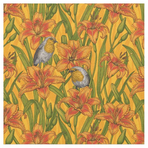 Robins and lilly flowers, orange and green fabric