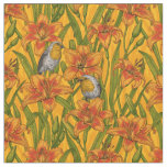 Robins and lilly flowers, orange and green fabric