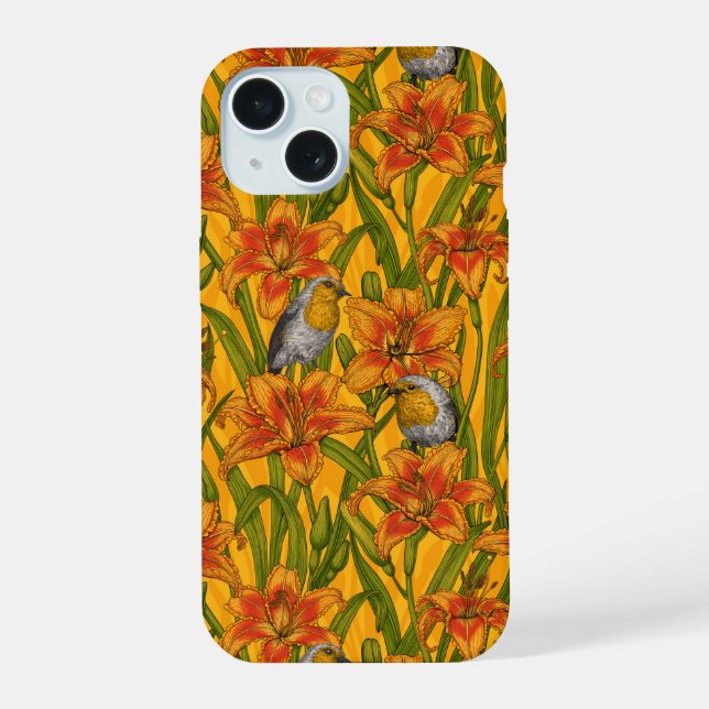 Robins and lilly flowers, orange and green iPhone 15 case (Back)