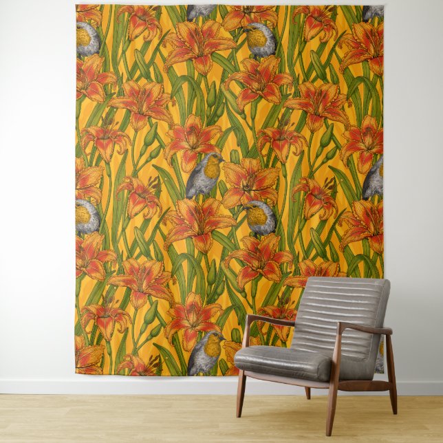 Robins and lilly flowers, orange and green tapestry (In Situ)
