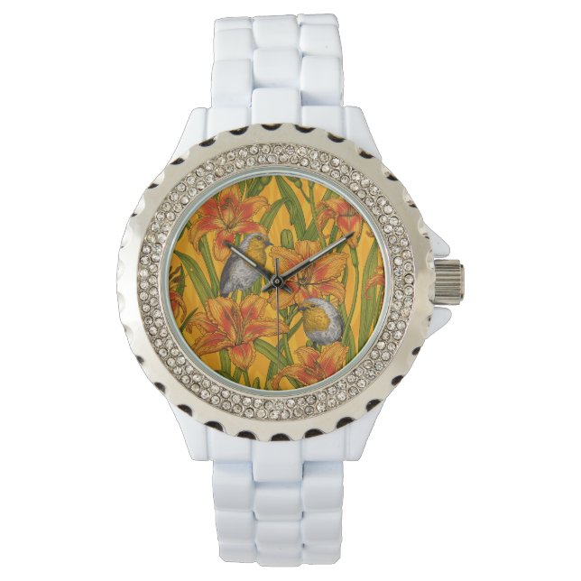 Robins and lilly flowers, orange and green watch (Front)