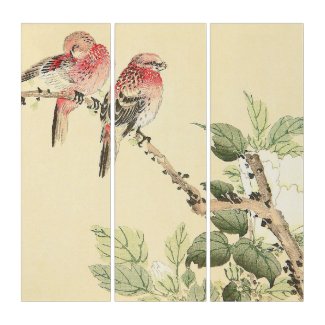 Robins and Peony japanese vintage flower birds art