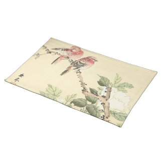 Robins and Peony japanese vintage flower birds art Cloth Placemat