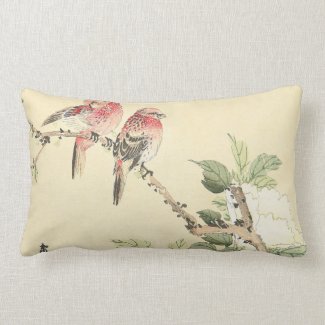 Robins and Peony japanese vintage flower birds art Lumbar Pillow