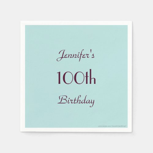 Robins Egg Blue 100th Birthday Party Name Paper Paper Napkins