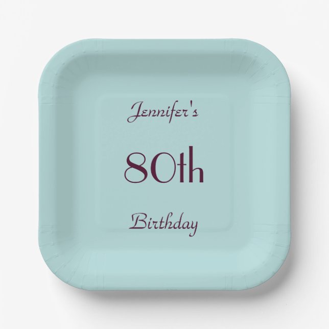 Robin's Egg Blue, 80th Birthday Party, Name Pastel Paper Plates (Front)