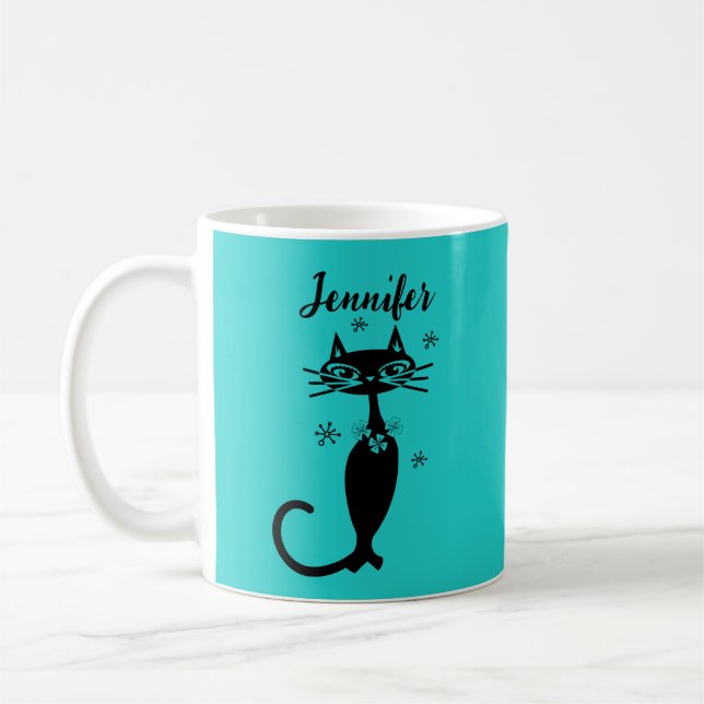 Robins Egg Blue Atomic Retro Cat Mug (Left)