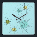 Robin's Egg Blue Atomic Starbursts Wall Clock<br><div class="desc">This Robin’s Egg Blue Iconic Atomic Starbursts Square Acrylic Wall Clock pattern features iconic atomic starbursts. That’s right! The old school, robin’s egg blue colored background with gold speckles is the perfect backdrop for the vibrant turquoise, soothing celery, and kitschy pear green colored circles. The spots of color are sporadically...</div>