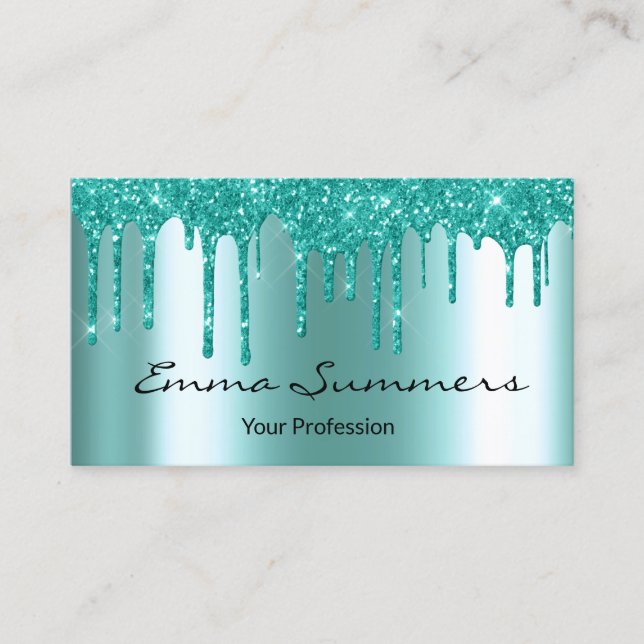 Robin's egg Blue Drips Metal Customize Glitter Business Card (Front)