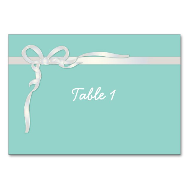 Robin's Egg Blue Jewelry Box with White Ribbon Table Number (Front)