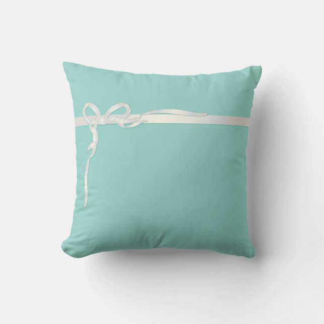 Robin's Egg Blue Jewelry Box with White Ribbon Throw Pillow (Front)