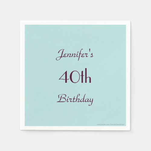 Robins Egg Blue Name 40th Birthday Party Paper Napkins