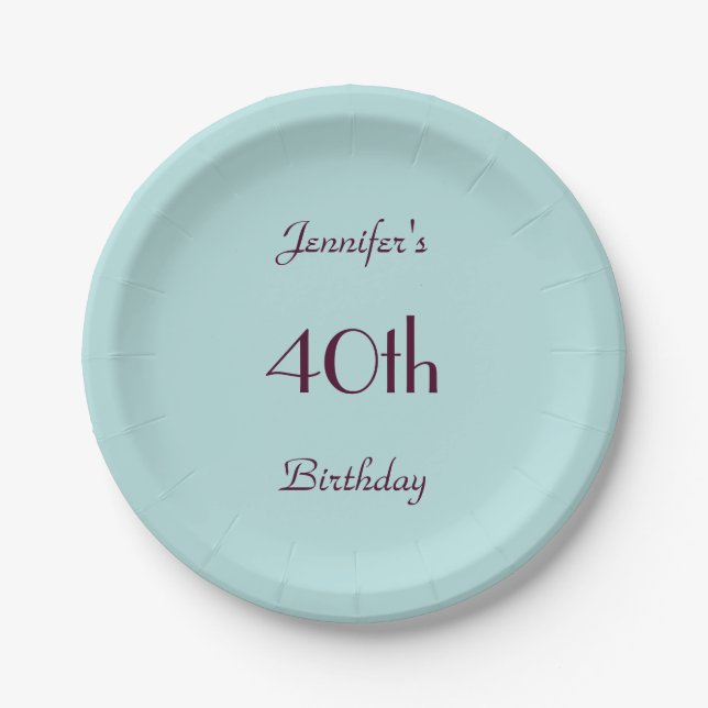 Robin's Egg Blue Name 40th Birthday Party Simple Paper Plates (Front)