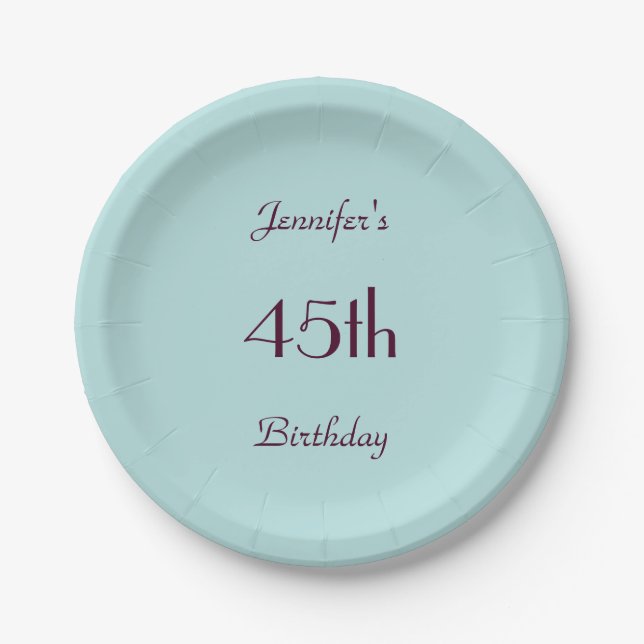Robin's Egg Blue, Name, 45th Birthday Party Simple Paper Plates (Front)