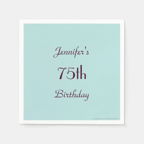 Robins Egg Blue Name 75th Birthday Party Paper Napkins
