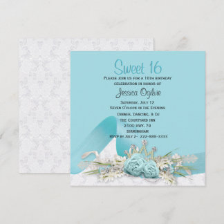 Robins Egg Blue Roses Sweet 16 Birthday Invitation
