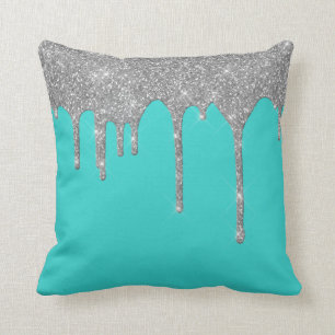 Robin's Egg Blue Silver Glitter Drips Throw Pillow
