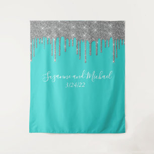 Robin's Egg Blue Silver Glitter Drips Wedding Tapestry