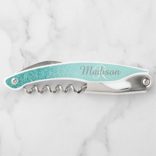 Robin's Egg Blue Teal Stylish Monogram Glitter Waiter's Corkscrew