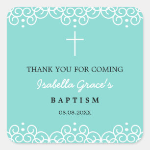 Robin's Egg Blue & White Baptism Thank You Square Sticker